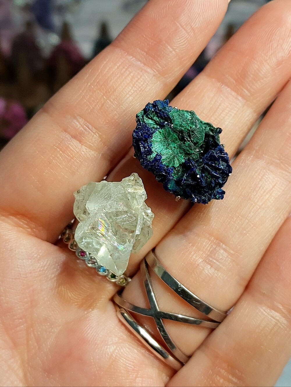 ⚒️ Azurite Malachite & Rainbow Calcite Copper Specimen Ring